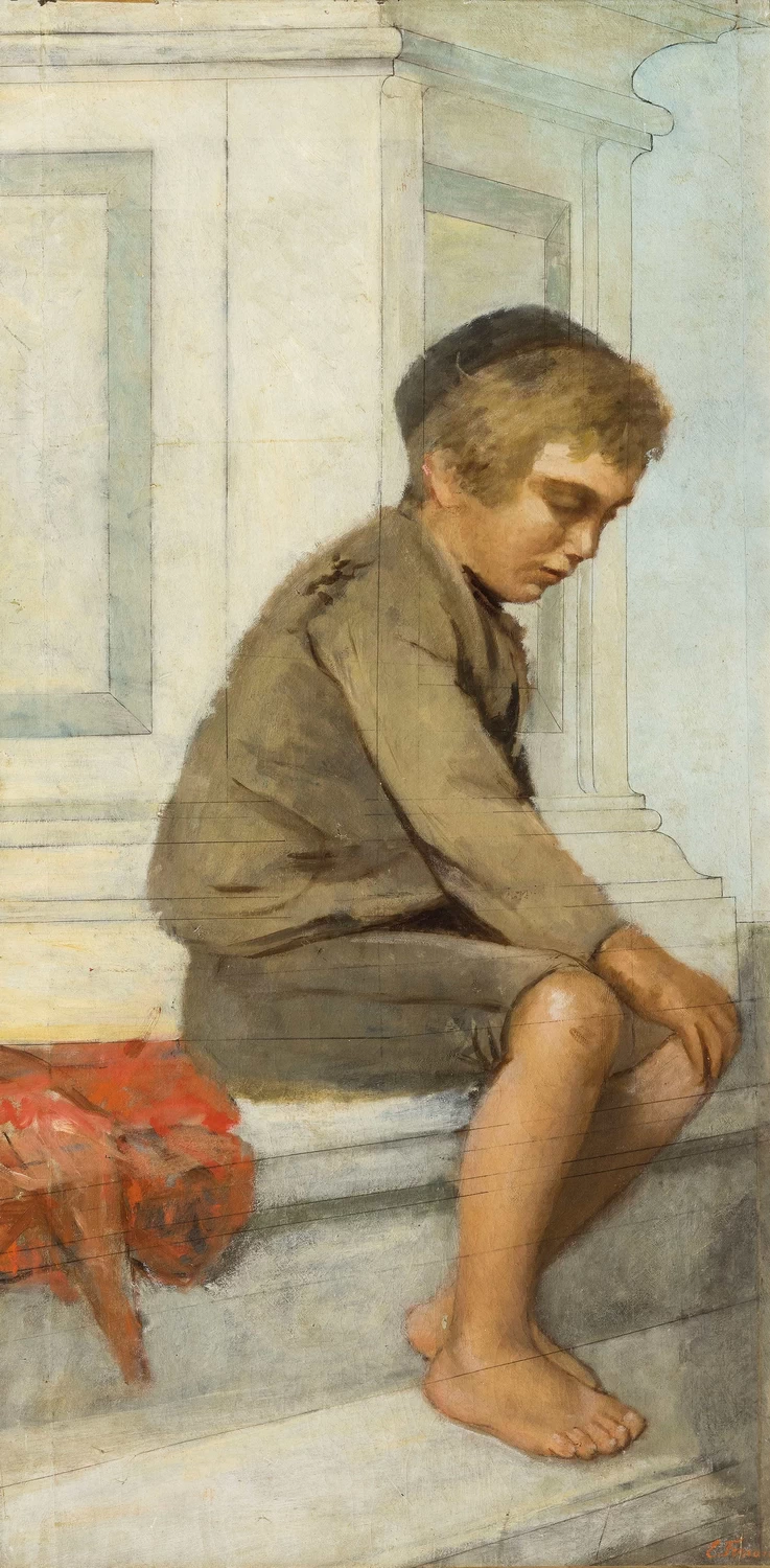 Ragazzo seduto ai piedi della chiesa